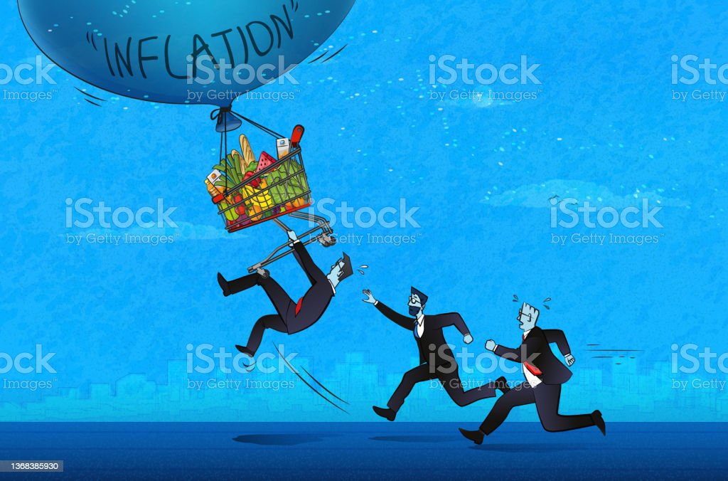 Running men trying to catch the shopping cart full of food flying away with the inflation bubble. (Used clipping mask)
